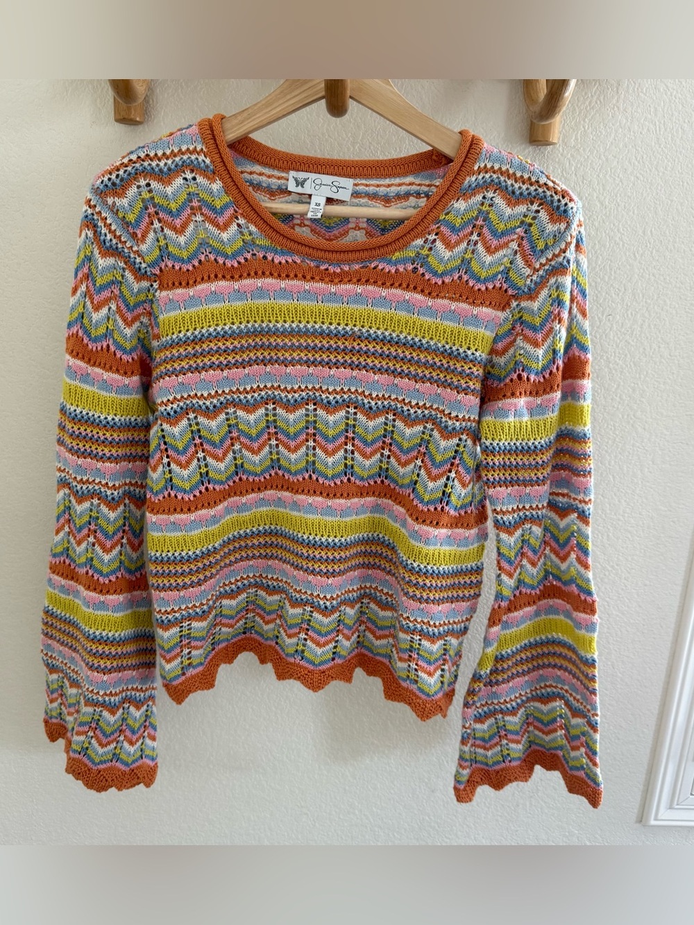 Jessica Simpson Boho Chevron Pointelle crochet Knit Sweater Flare Sleeve